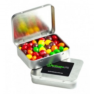Branded Promotional Rectangle Hinge Tin filled with Skittles 65g