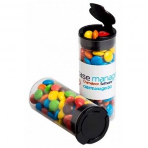 Branded Promotional Flip Lid Tube filled with M&Ms 35g