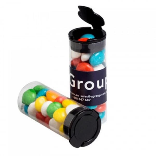 Branded Promotional Flip Lid Tube Filled With Chewy Fruits 35G