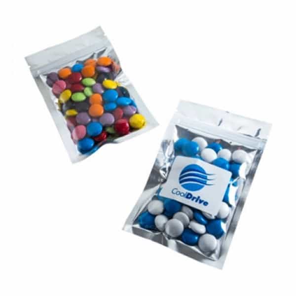 Branded Promotional Silver Zip Lock Bag With Choc Beans 50G