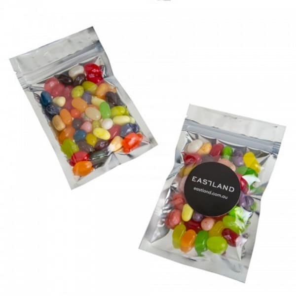 Branded Promotional Silver Zip Lock Bag With Jelly Belly Jelly Beans 50G