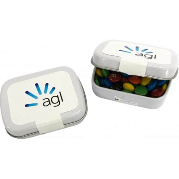 Branded Promotional Small Rectangle Tin filled with M&Ms 30g *Plastic Free*