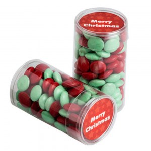Branded Promotional PET Tube filled with CHRISTMAS Choc Beans 100g