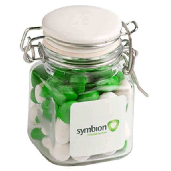 Branded Promotional Glass Clip Lock Jar With Chewy Fruits 80G