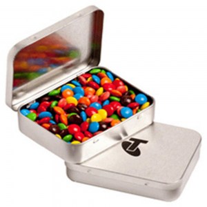 Branded Promotional Rectangle Hinge Tin filled with M&Ms 65g