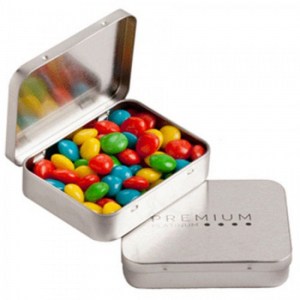 Branded Promotional Rectangle Hinge Tin filled with Chewy Fruits 65g