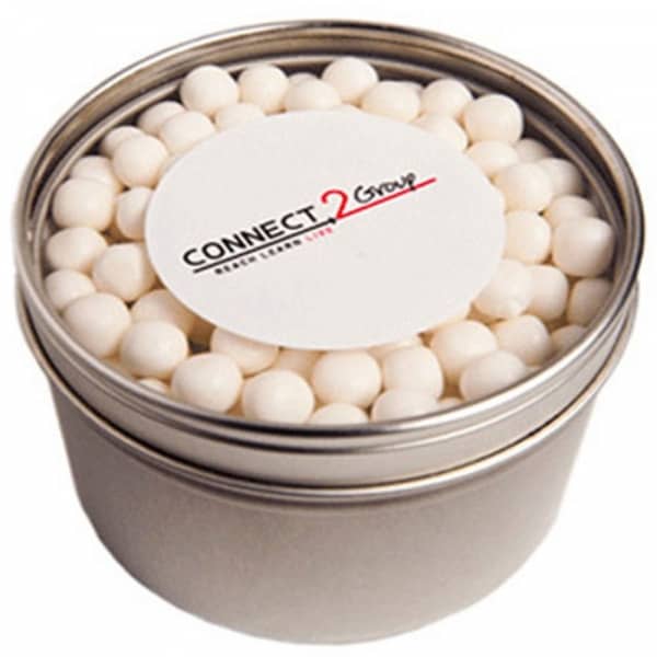 Branded Promotional Small Round Window Tin With Mints 150G