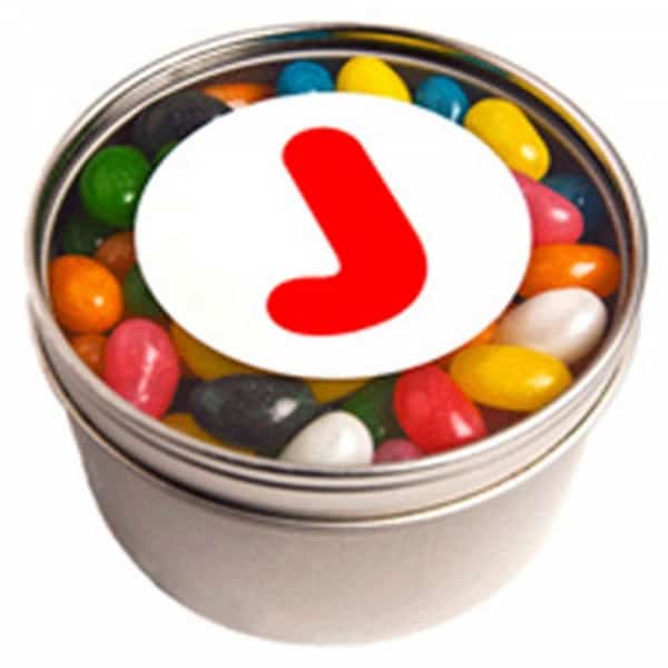 Branded Promotional Small Round Window Tin With Jelly Beans 150G