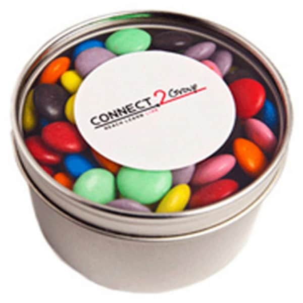 Branded Promotional Small Round Window Tin With Choc Beans 150G