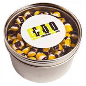 Branded Promotional Small Round Window Tin with Humbugs 100g