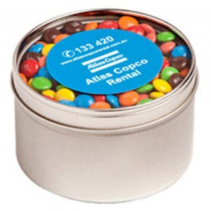 Branded Promotional Small Round Window Tin with M&Ms 140g