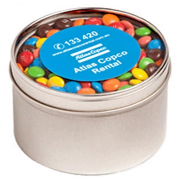 Branded Promotional Small Round Window Tin With M&Amp;Ms 140G