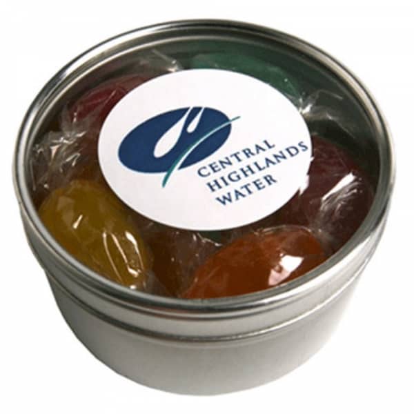 Branded Promotional Small Round Window Tin With Boiled Lollies X12