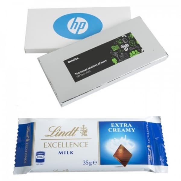 Branded Promotional Lindt Bar In Silver Or White Box 35G