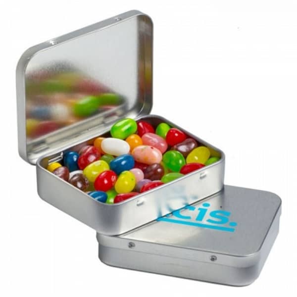 Branded Promotional Rectangle Hinge Tin Filled With Jelly Belly Jelly Beans 65G
