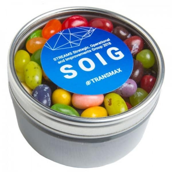 Branded Promotional Small Round Acrylic Window Tin Filled With Jelly Belly Jelly Beans 150G