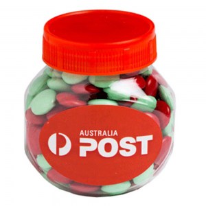 Branded Promotional Plastic Jar filled with CHRISTMAS Choc Beans 170g