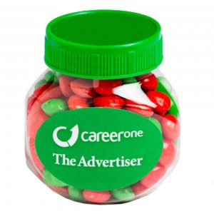 Branded Promotional Plastic Jar filled with CHRISTMAS CHEWY Fruits 170g