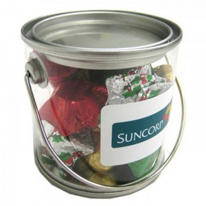 Branded Promotional Small PVC Bucket filled with Christmas Chocolates 100g