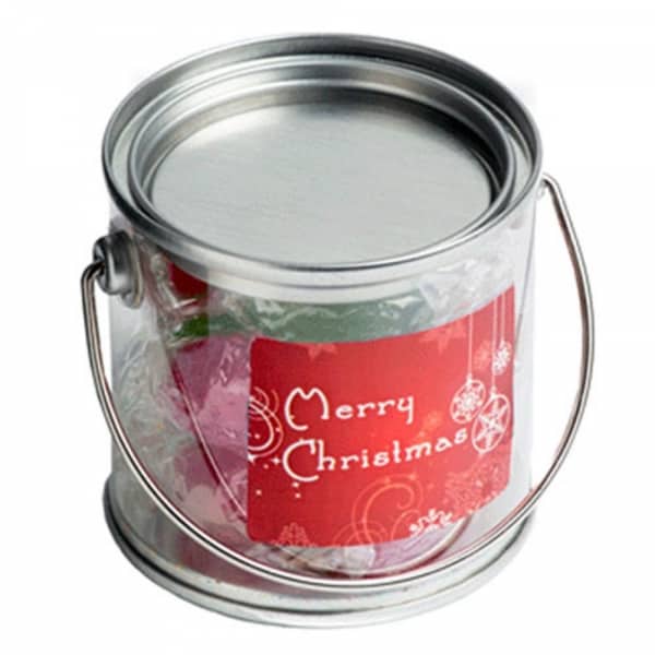 Branded Promotional Small PVC Bucket filled with Christmas Twist Wrapped Boiled Lollies 120g