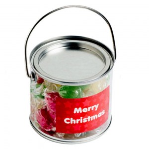 Branded Promotional Medium PVC Bucket filled with Christmas Twist Wrapped Boiled Lollies
