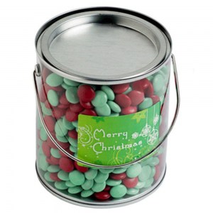 Branded Promotional Big PVC Bucket filled with Christmas Choc Beans 875G
