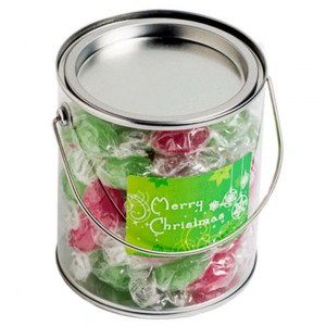 Branded Promotional Big PVC Bucket filled with Christmas Twist Wrapped Boiled Lollies 550G