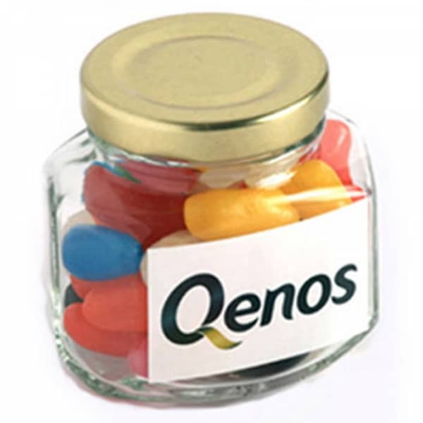Branded Promotional Glass Squexagonal Jar With Jelly Beans 90G