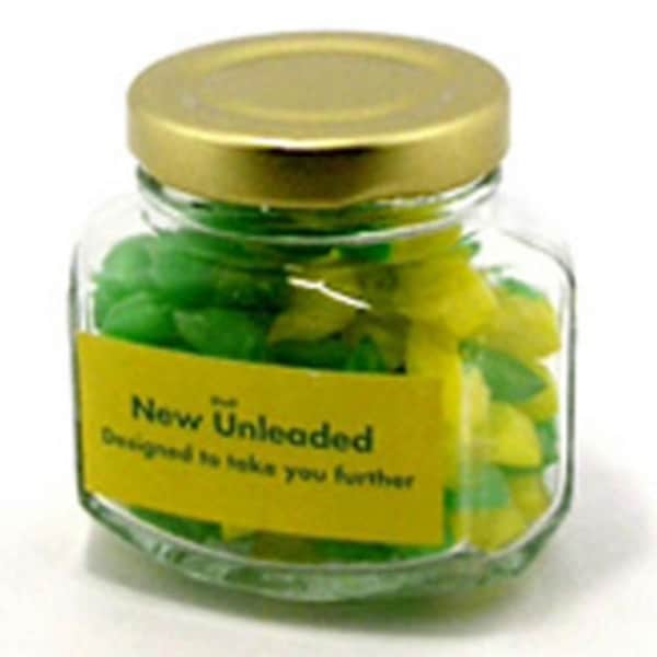 Branded Promotional Glass Squexagonal Jar With Humbugs 80G