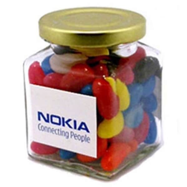 Branded Promotional Glass Square Jar With Jelly Beans 170G