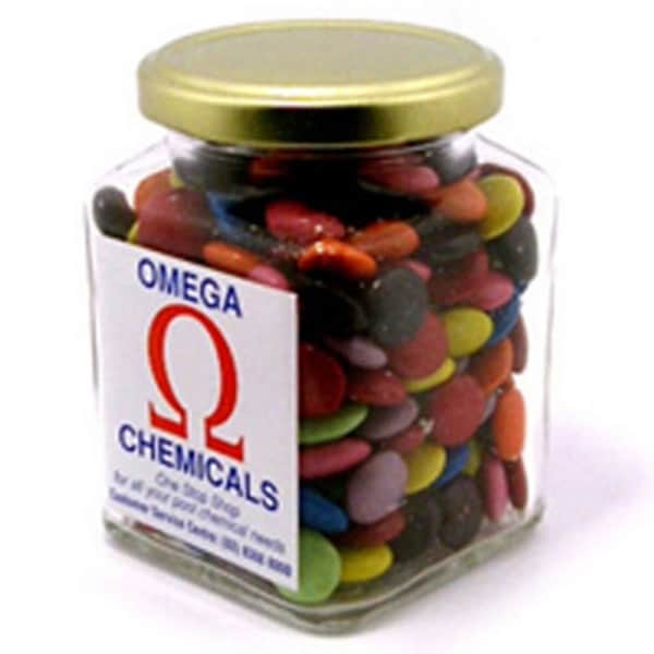 Branded Promotional Glass Square Jar With Choc Beans 170G