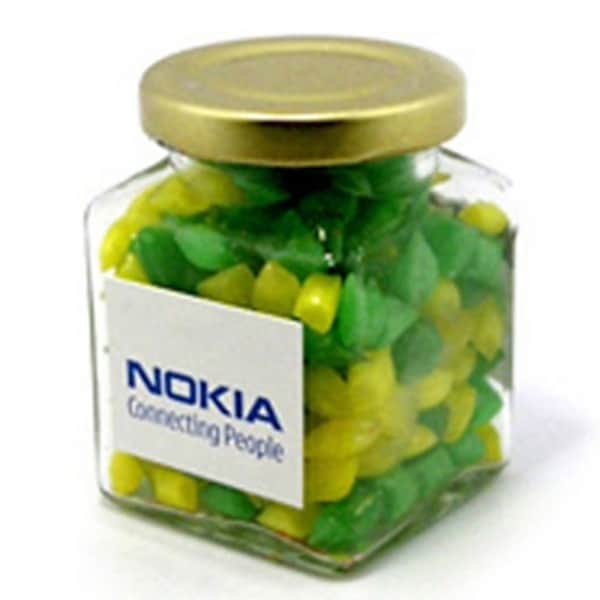Branded Promotional Glass Square Jar With Humbugs 140G