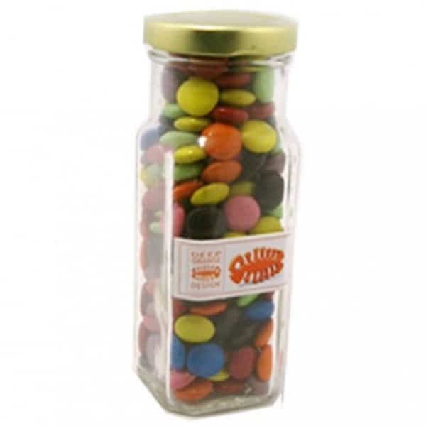 Branded Promotional Glass Tall Jar With Choc Beans 220G