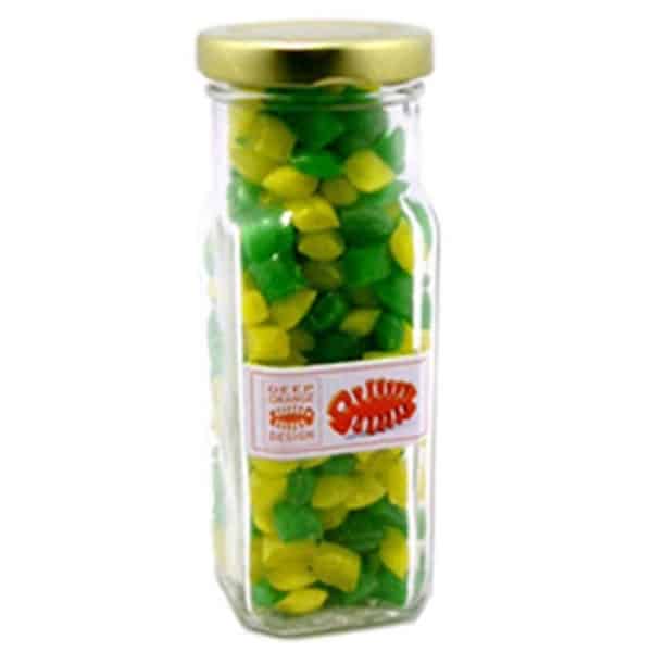 Branded Promotional Glass Tall Jar With Humbugs 180G