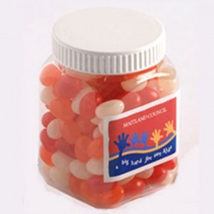 Branded Promotional Square Plastic Jar with Jelly Beans 180g