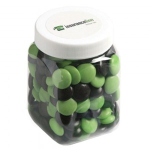 Branded Promotional Square Plastic Jar with Choc Beans 180g