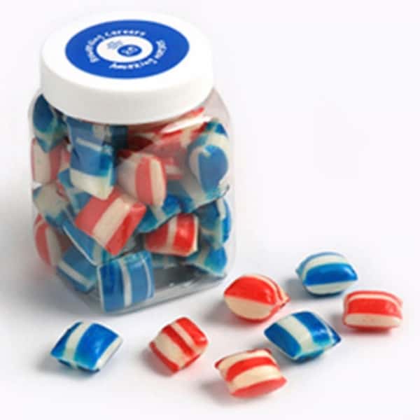 Branded Promotional Square Plastic Jar With Humbugs 150G
