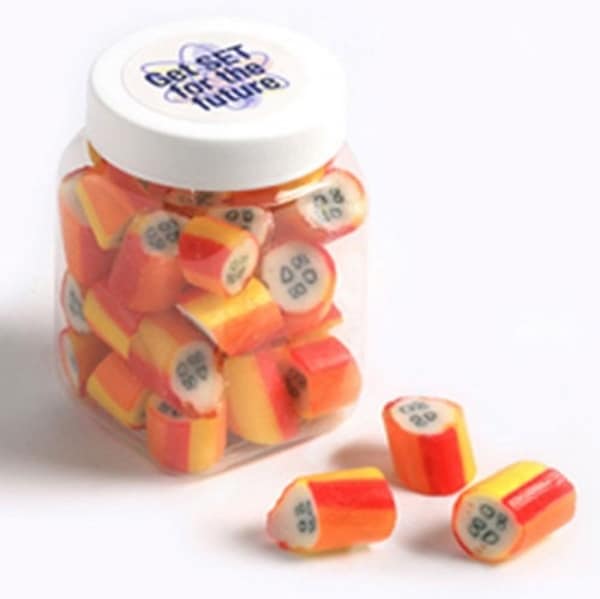 Branded Promotional Square Plastic Jar with Personalised Rock Candy 135g