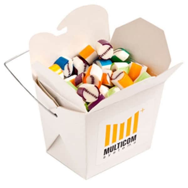 Branded Promotional White Cardboard Noodle Box Filled With Personalised Rock Candy 100G