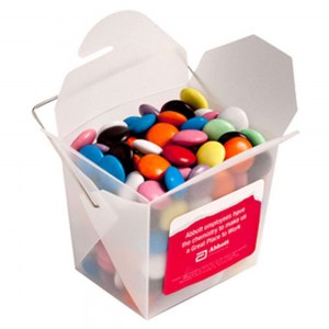 Branded Promotional Frosted Noodle Box filled with Choc Beans 100g