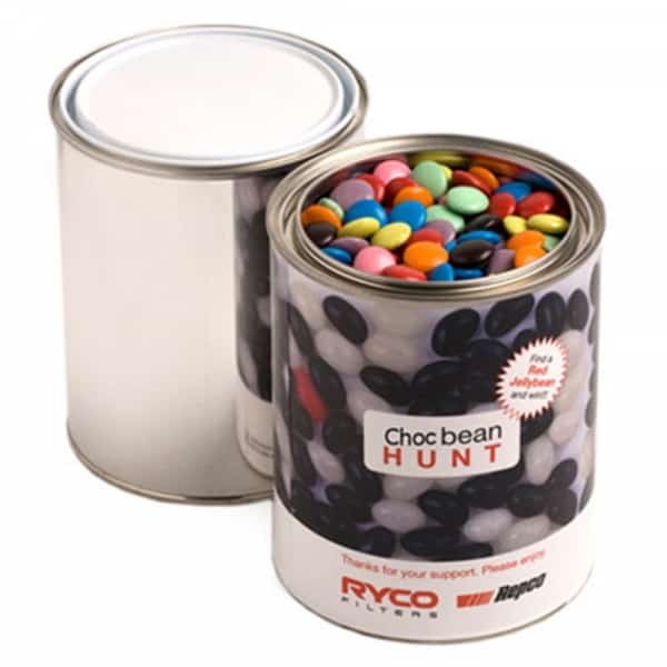Branded Promotional Paint Tin Filled With Choc Beans 1Kg