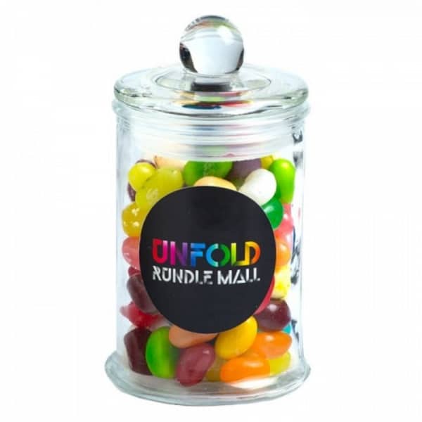 Branded Promotional Small Apothecary Jar Filled With Jelly Belly Jelly Beans 115G