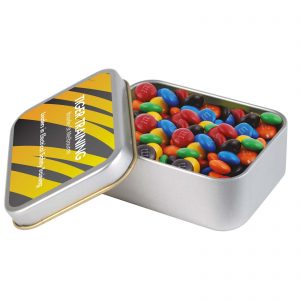 Branded Promotional M&M's in Silver Rectangular Tin