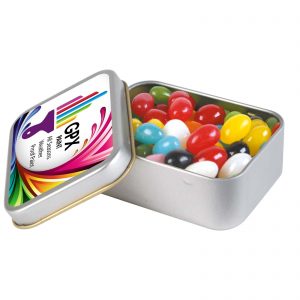 Branded Promotional Assorted Colour Mini Jelly Beans in Silver Rectangular Tin