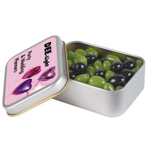 Branded Promotional Corporate Colour Mini Jelly Beans in Silver Rectangular Tin
