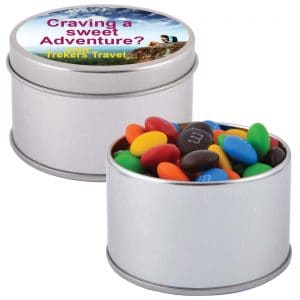 Branded Promotional M&M's in Silver Round Tin