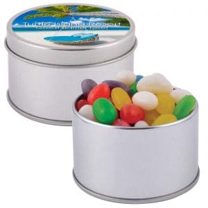 Branded Promotional Assorted Colour Mini Jelly Beans in Silver Round Tin