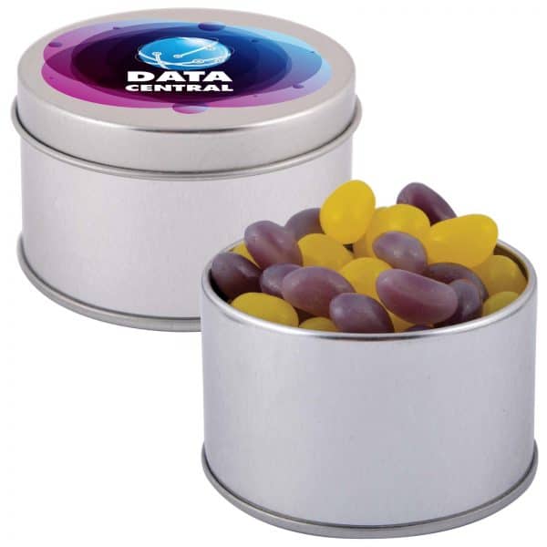 Branded Promotional Corporate Colour Mini Jelly Beans In Silver Round Tin