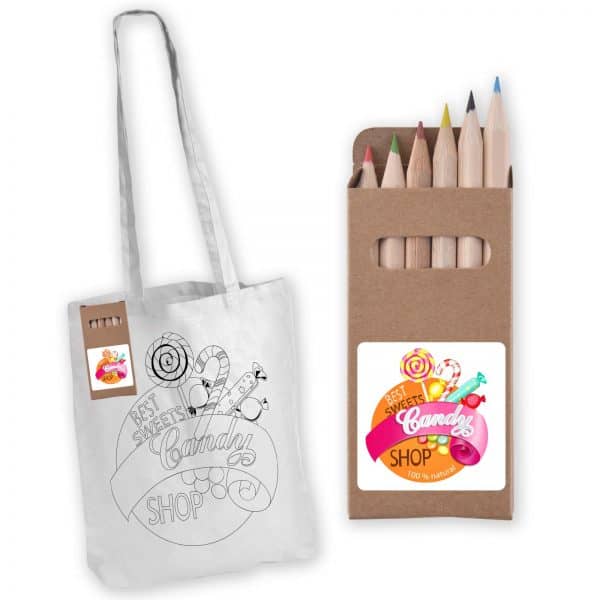 Branded Promotional Colouring Long Handle Cotton Bag &Amp; Pencils