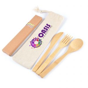Branded Promotional Miso Bamboo Cutlery Set & Straws in Calico Pouch